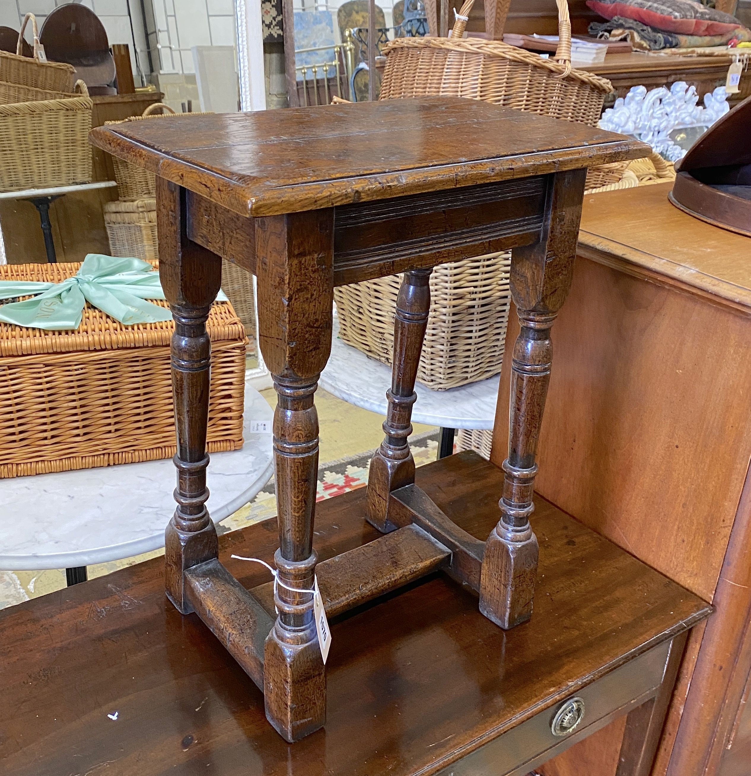 A 17th century style rectangular oak joint stool, length 44cm, depth 28cm, height 55cm